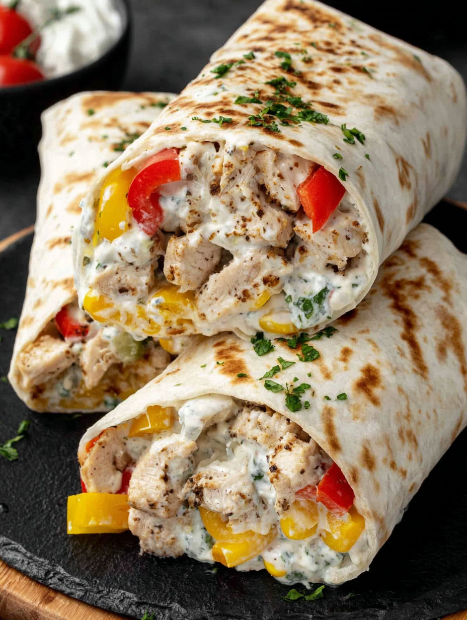 A chicken and pepper wrap with ranch dressing.