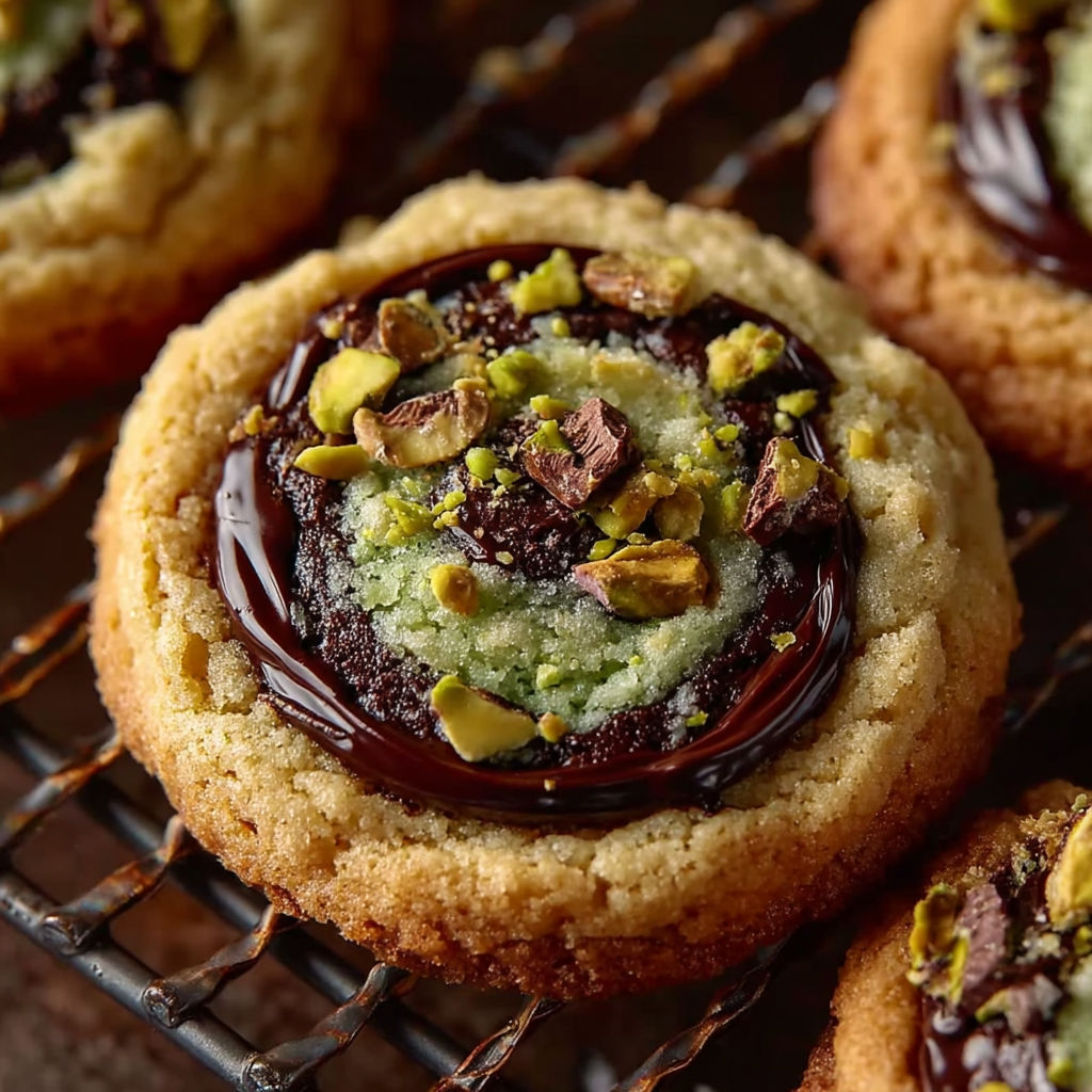 A cookie with chocolate and pistachio cream.