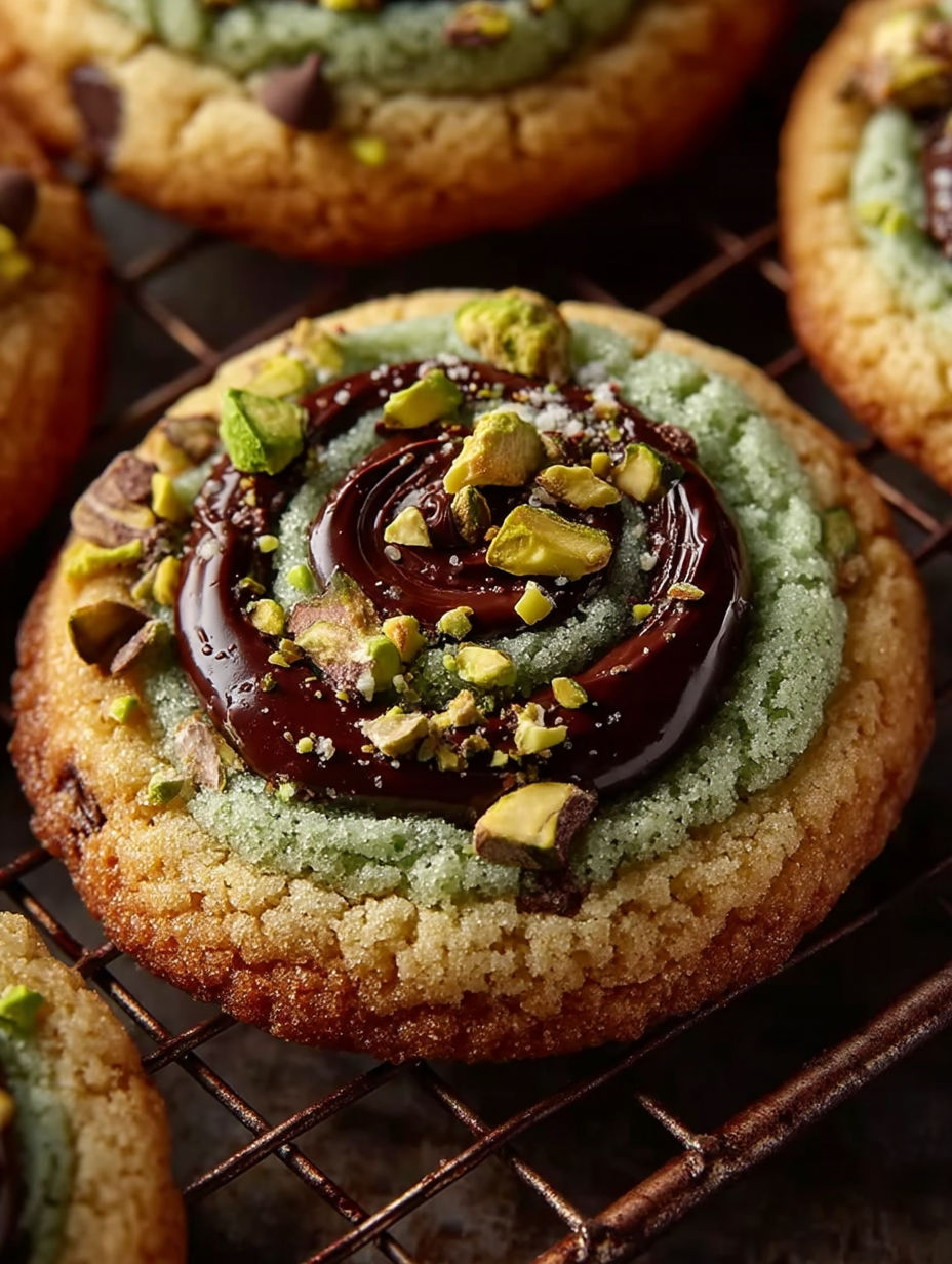 A cookie with chocolate and pistachio cream.