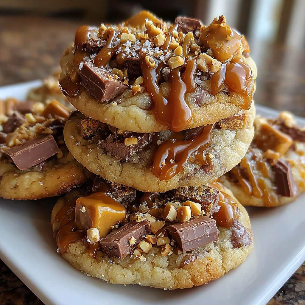 Three stacked cookies with caramel drizzle.