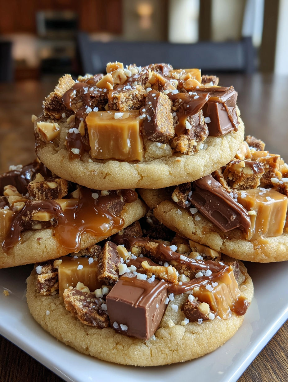 A stack of Butterfinger Caramel Crunch Cookies.