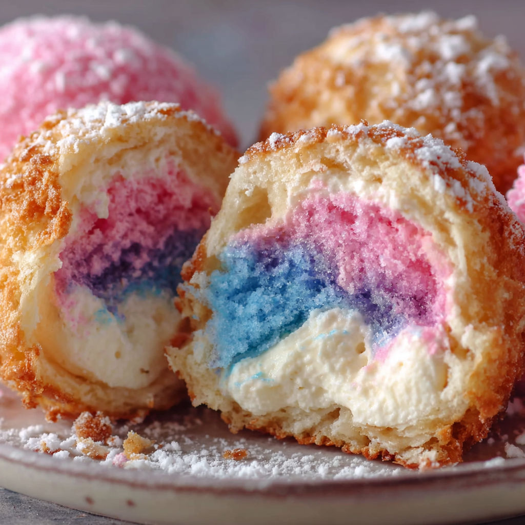 A plate of colorful cotton candy cheesecake bombs.