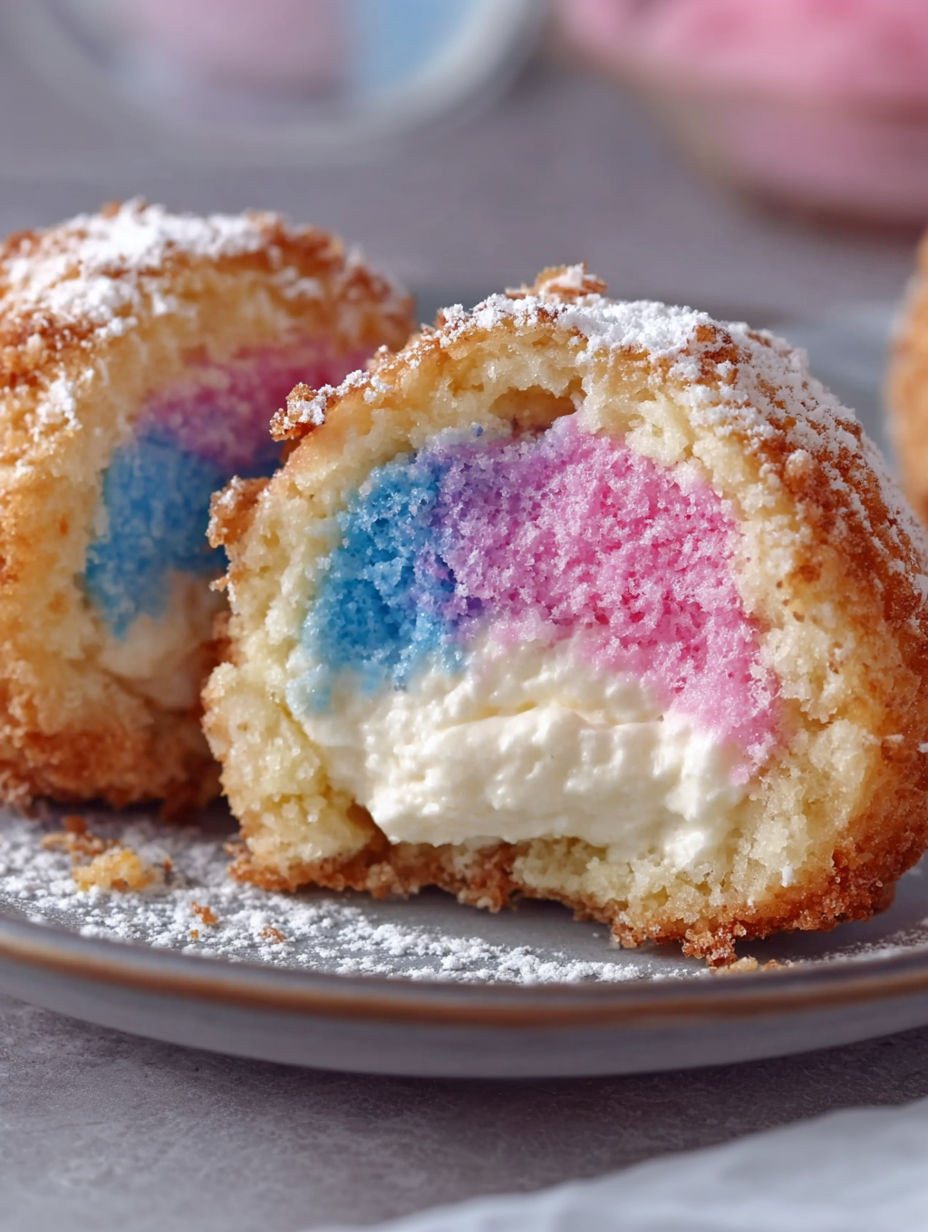 A plate of colorful cotton candy cheesecake bombs.