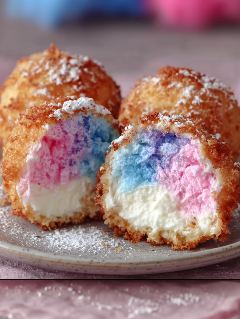 A plate of colorful cotton candy cheesecake bombs.