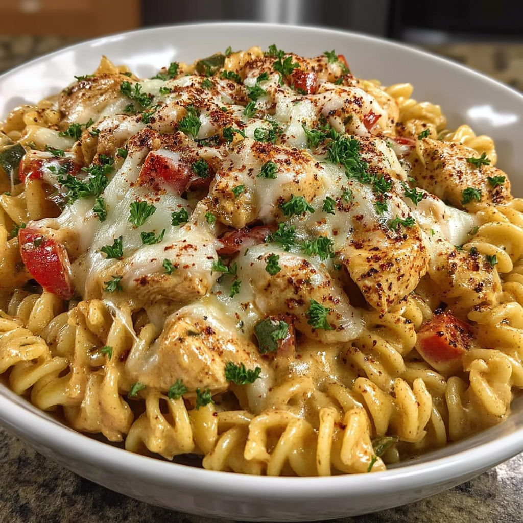 A bowl of cheesy rotel chicken pasta.