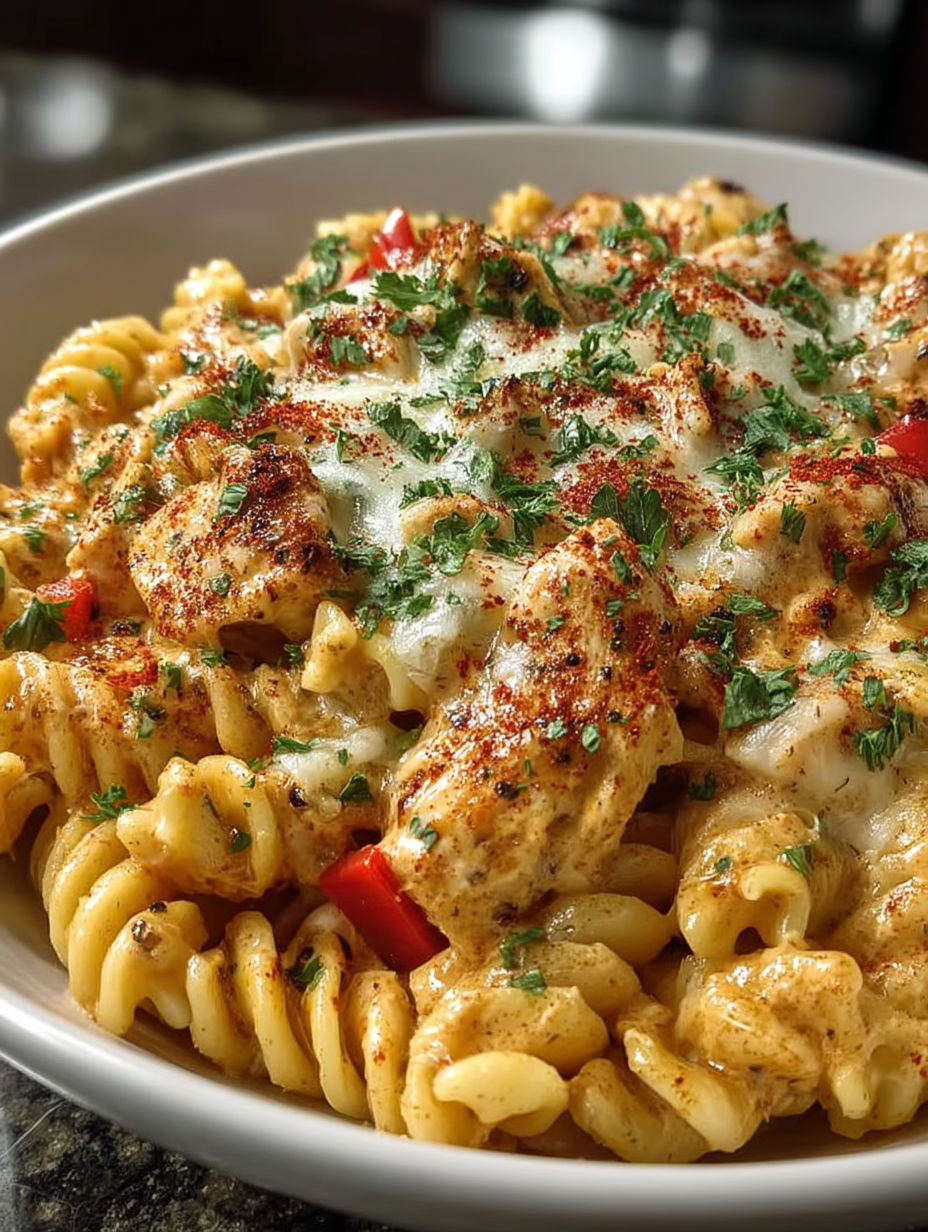 A bowl of cheesy rotel chicken pasta.