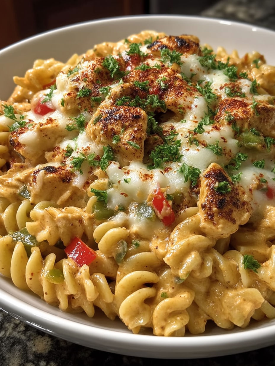 A bowl of pasta with chicken and cheese.