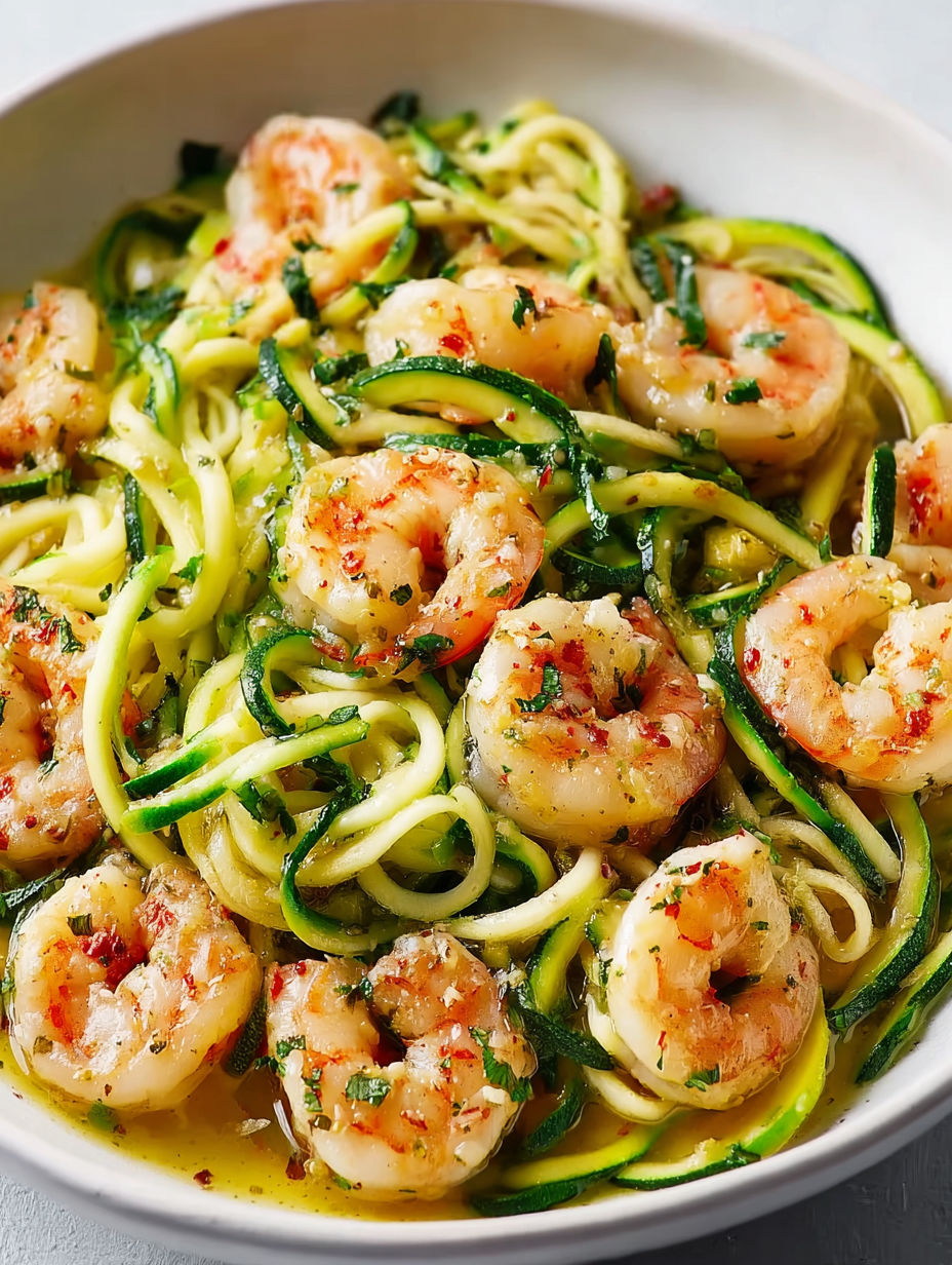 A dish of zucchini noodles with garlic shrimp.