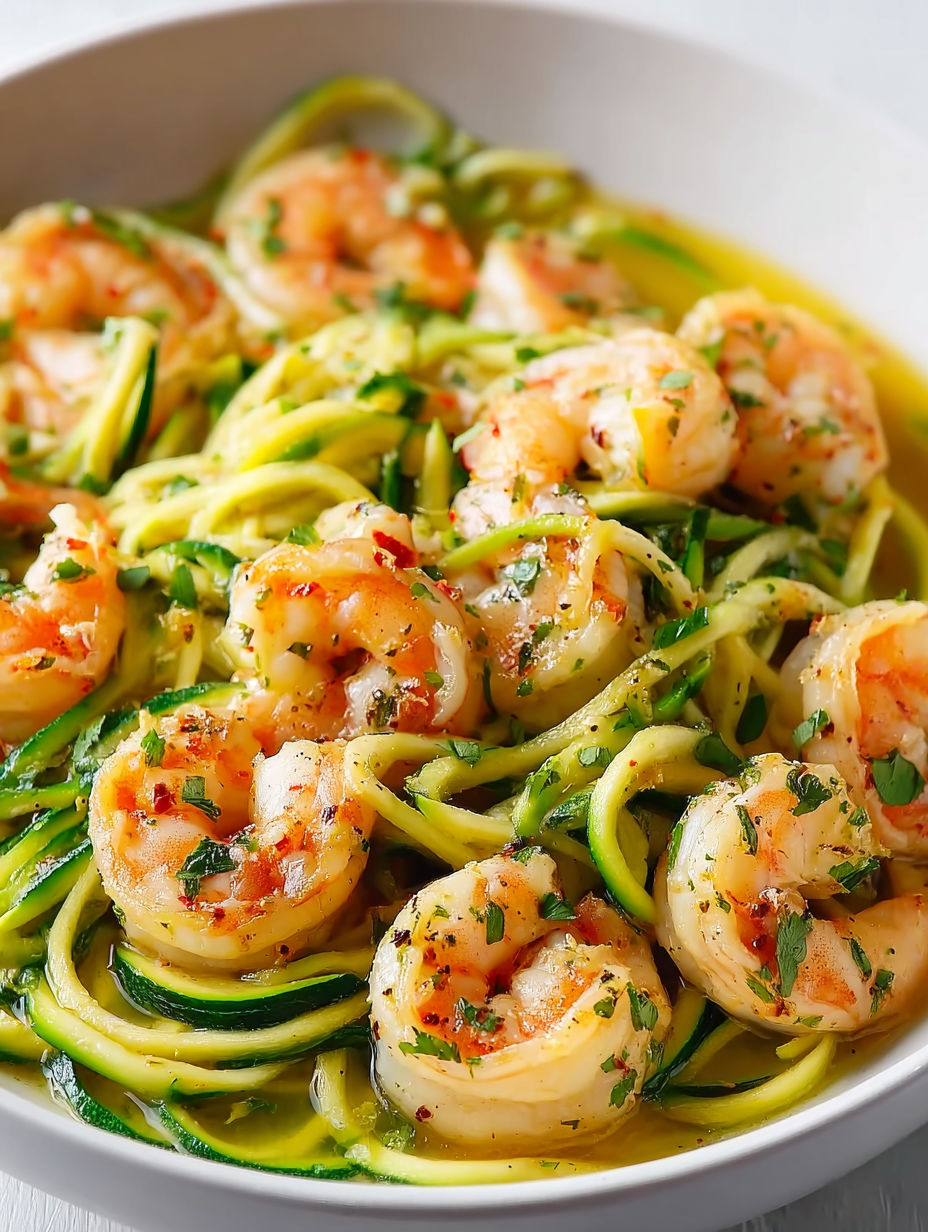 A bowl of zucchini noodles with garlic shrimp.