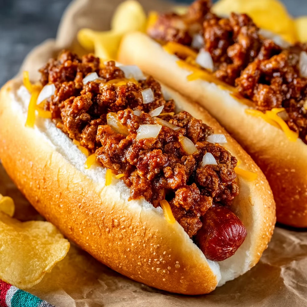 Two hot dogs with chili on them.