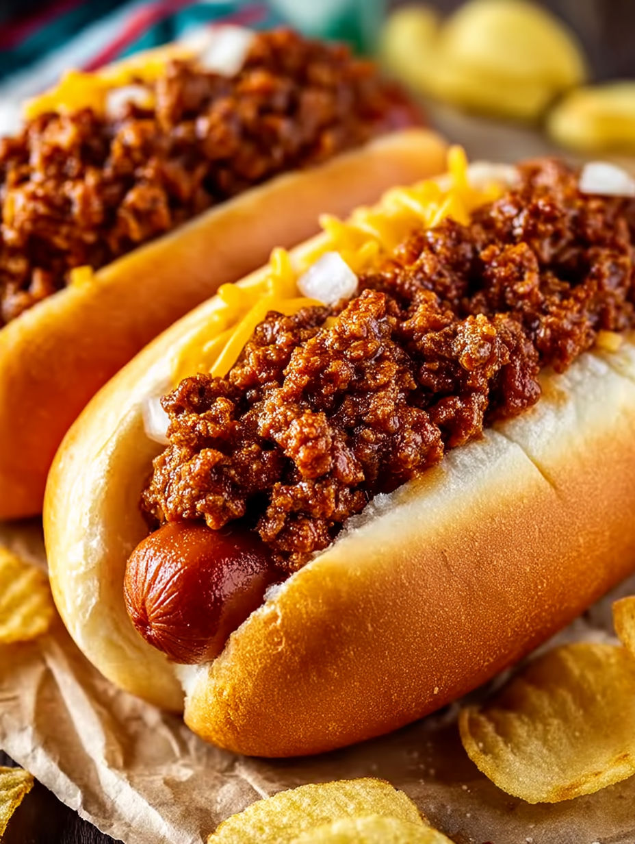 Two hot dogs with chili on them.