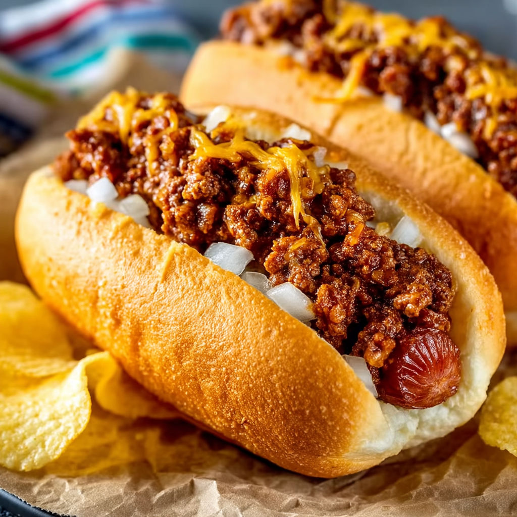 Two hot dogs with chili on a plate.