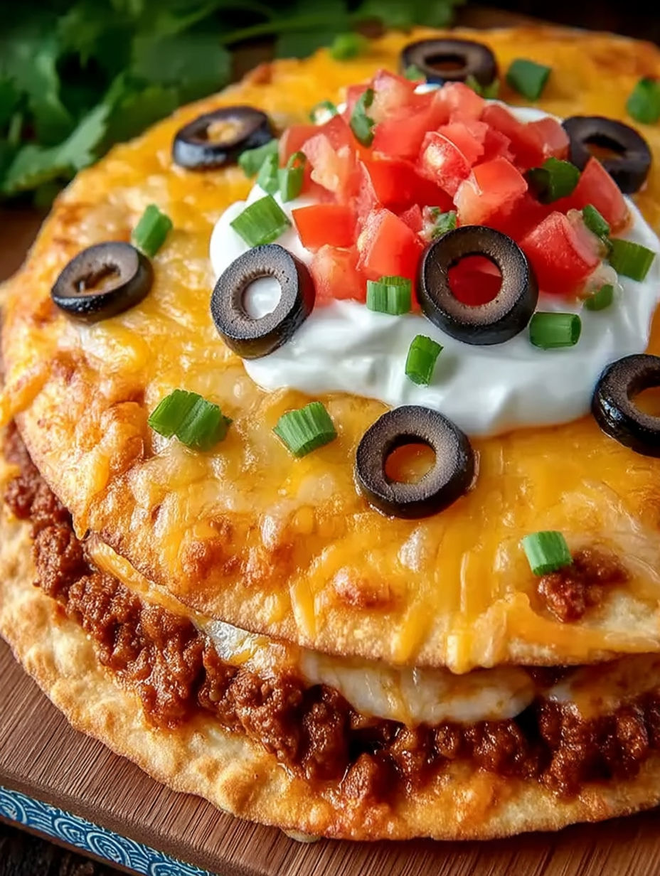 A slice of Taco Bell Mexican Pizza with black olives and tomatoes.