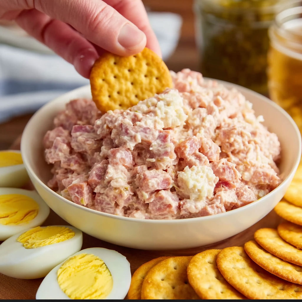 A bowl of old-fashioned bologna salad with crackers.
