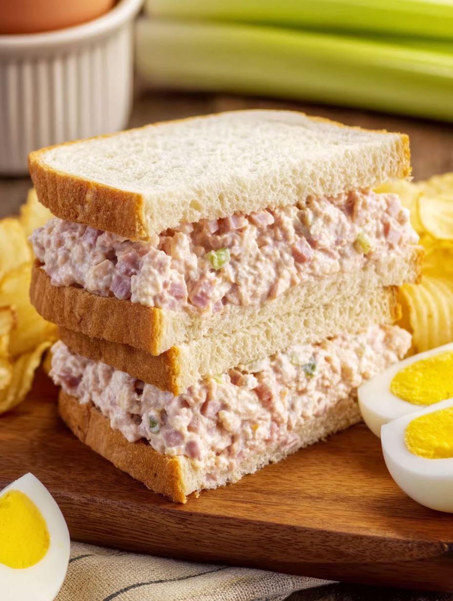 A stack of three slices of bread with meat and cheese on top.