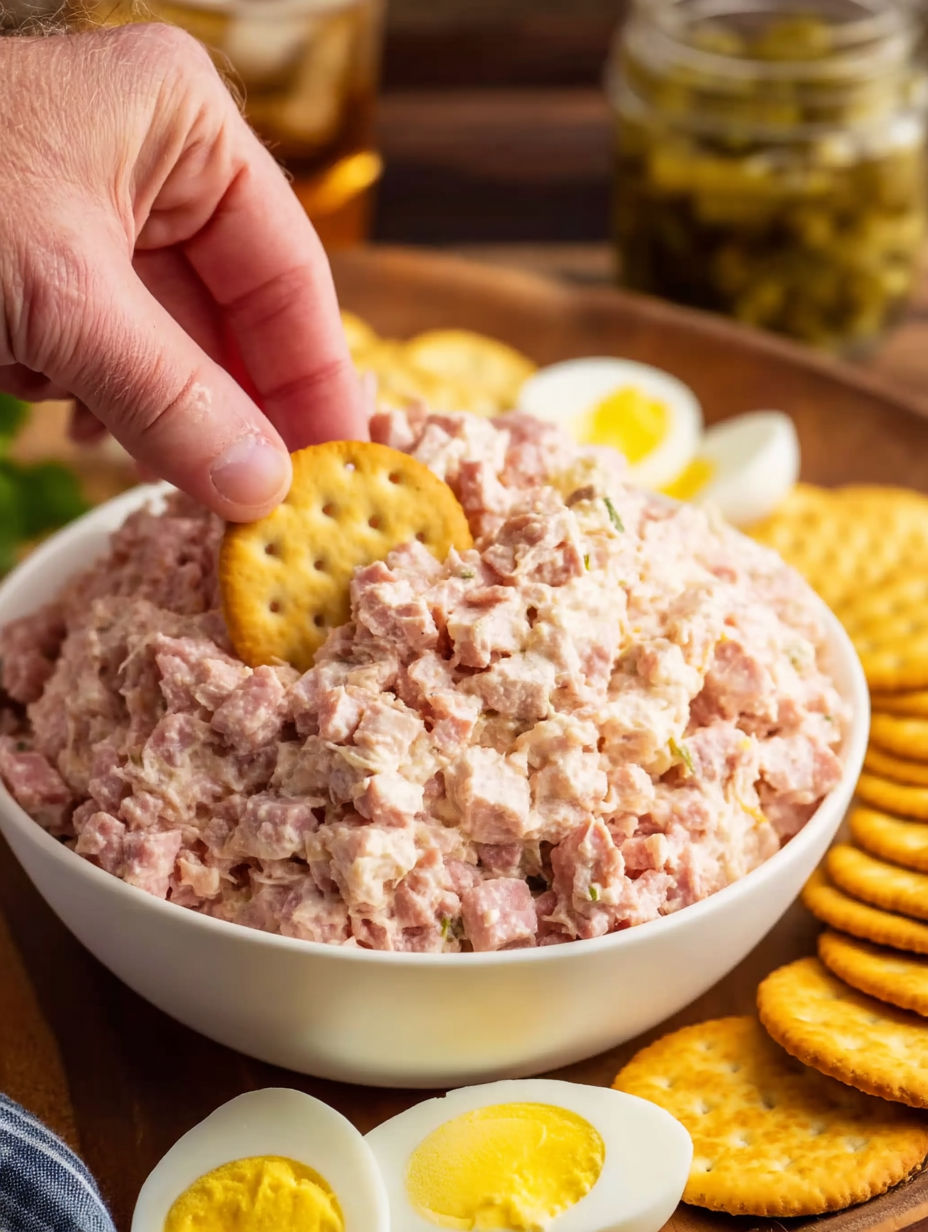 A hand picking up a cracker from a bowl of old-fashioned bologna salad.