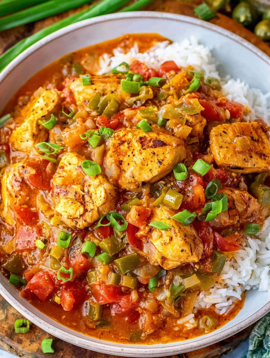 A bowl of chicken étouffée with rice and peppers.