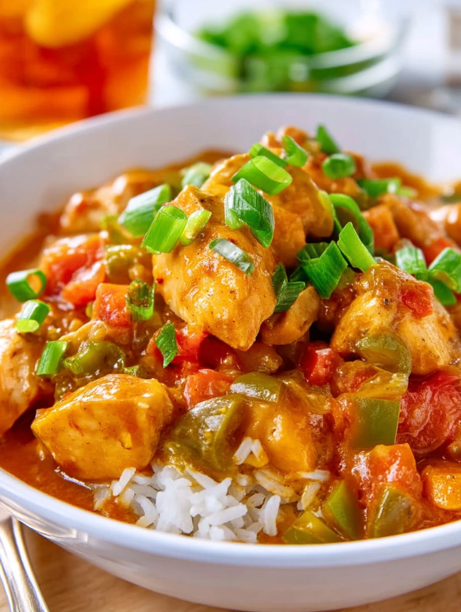 A bowl of chicken étouffée with rice and green onions.