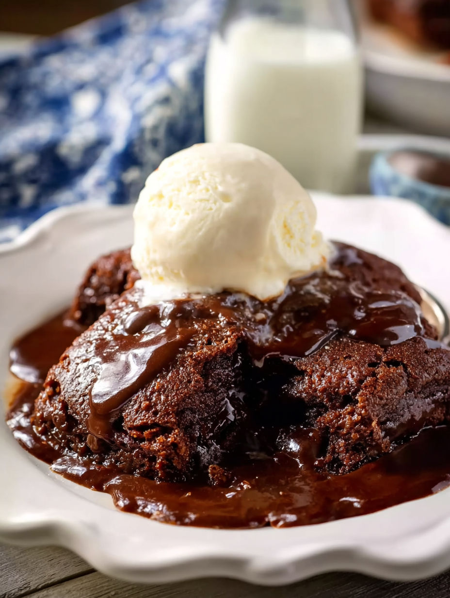A chocolate dessert with a scoop of ice cream on top.