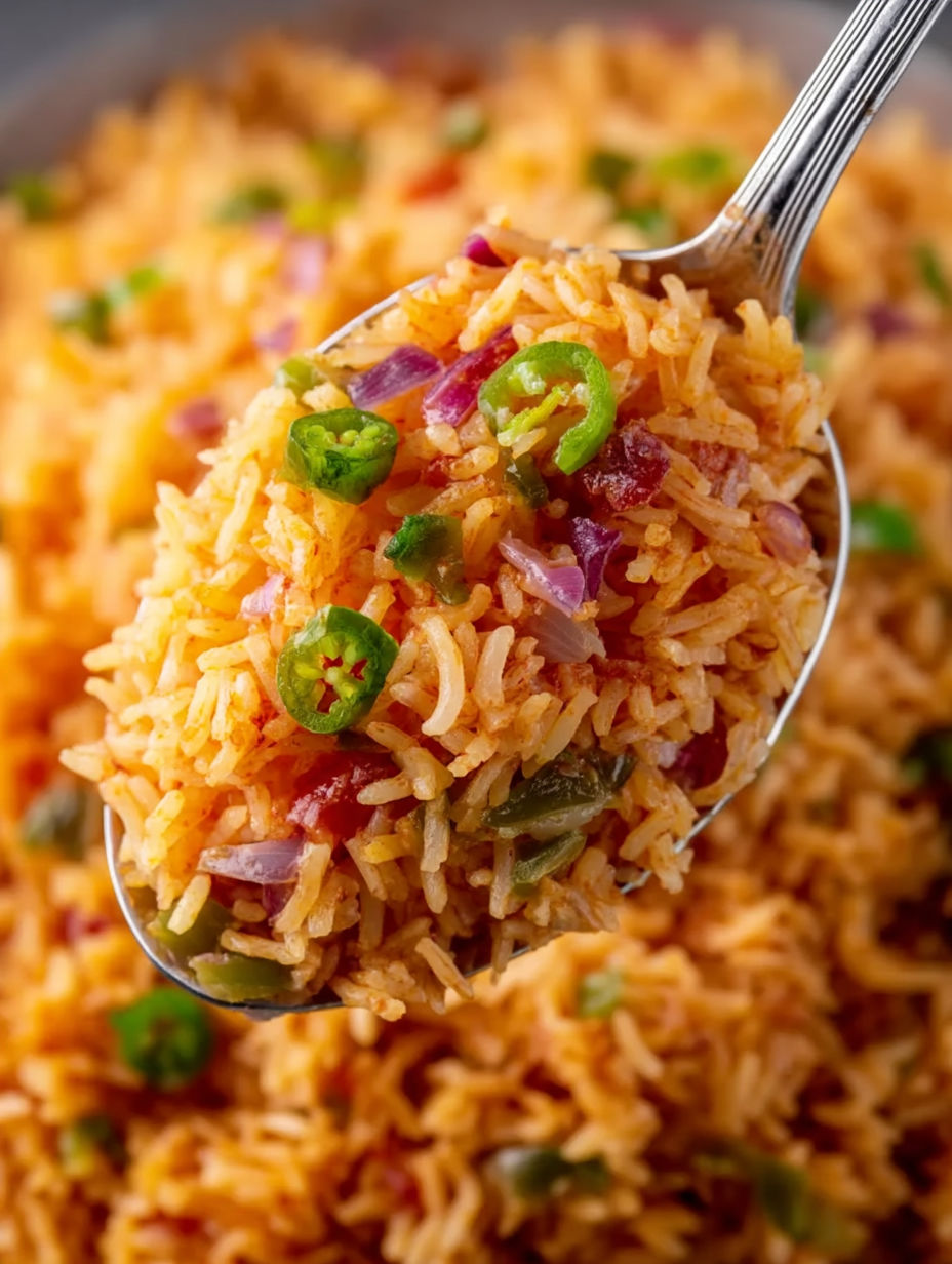 A spoonful of rice with peppers and onions.