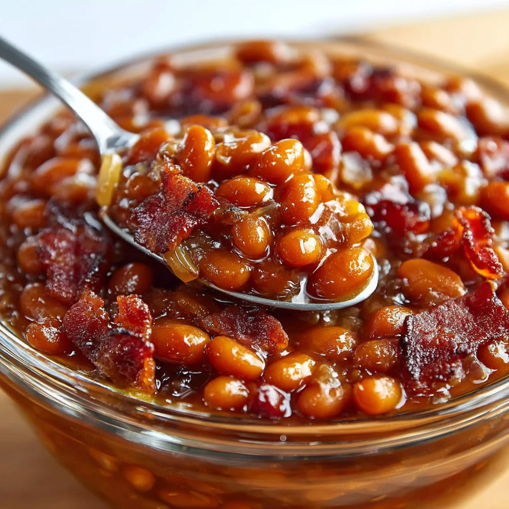 A spoon is in a bowl of baked beans.