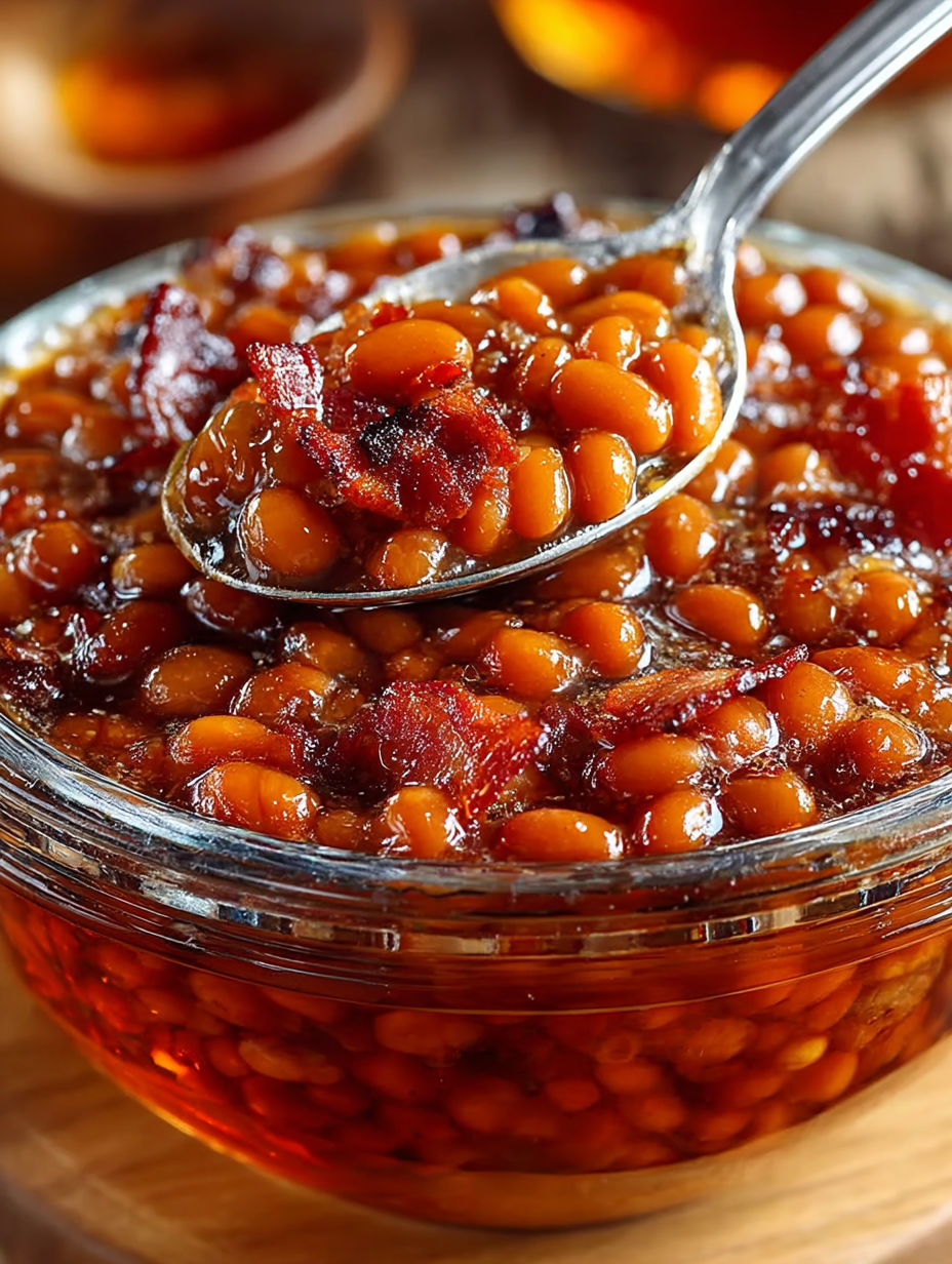 A spoonful of homemade baked beans.