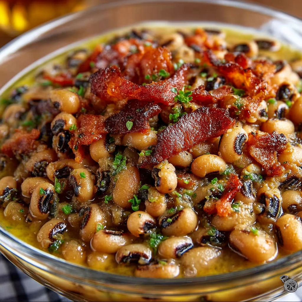 A bowl of black eyed peas with bacon.