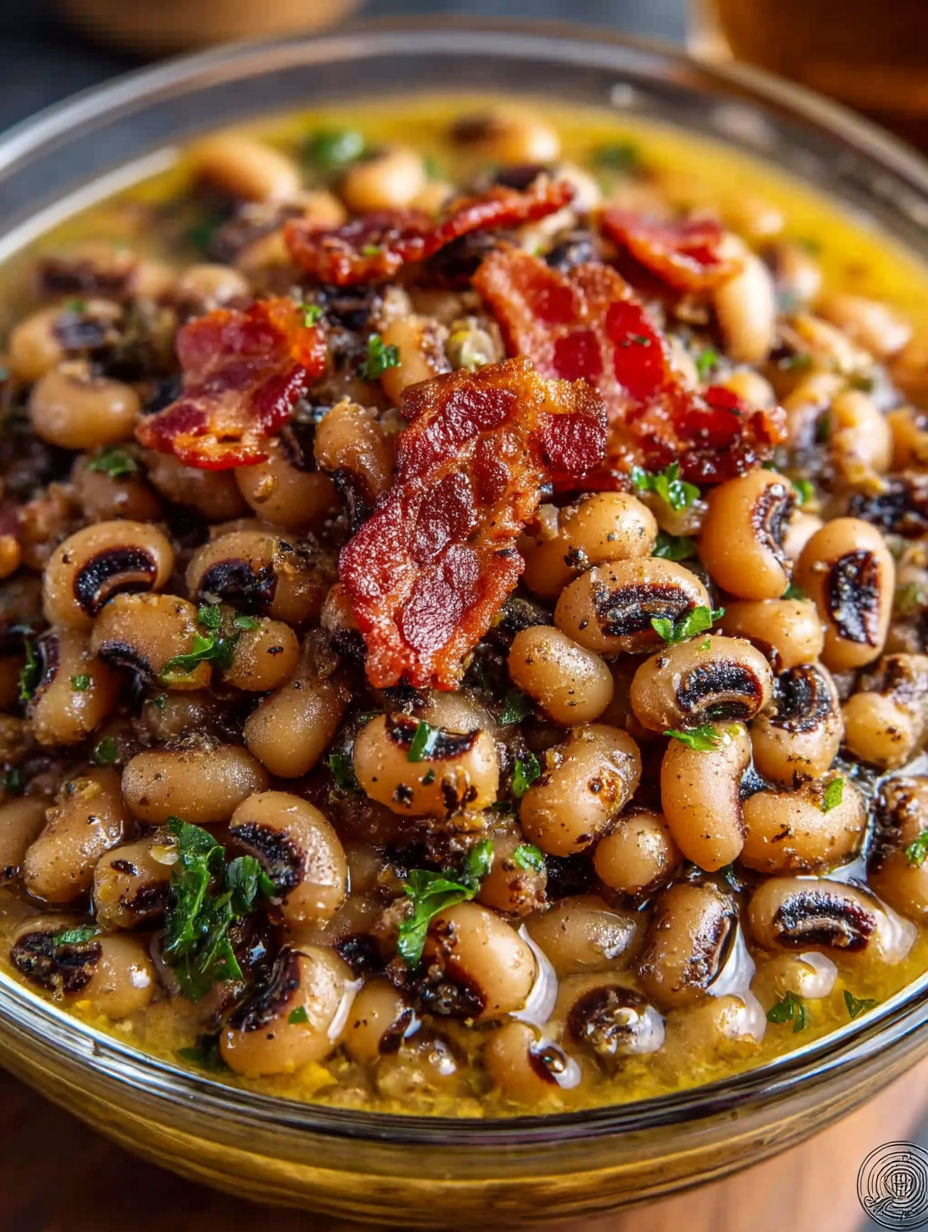 A bowl of beans with bacon on top.