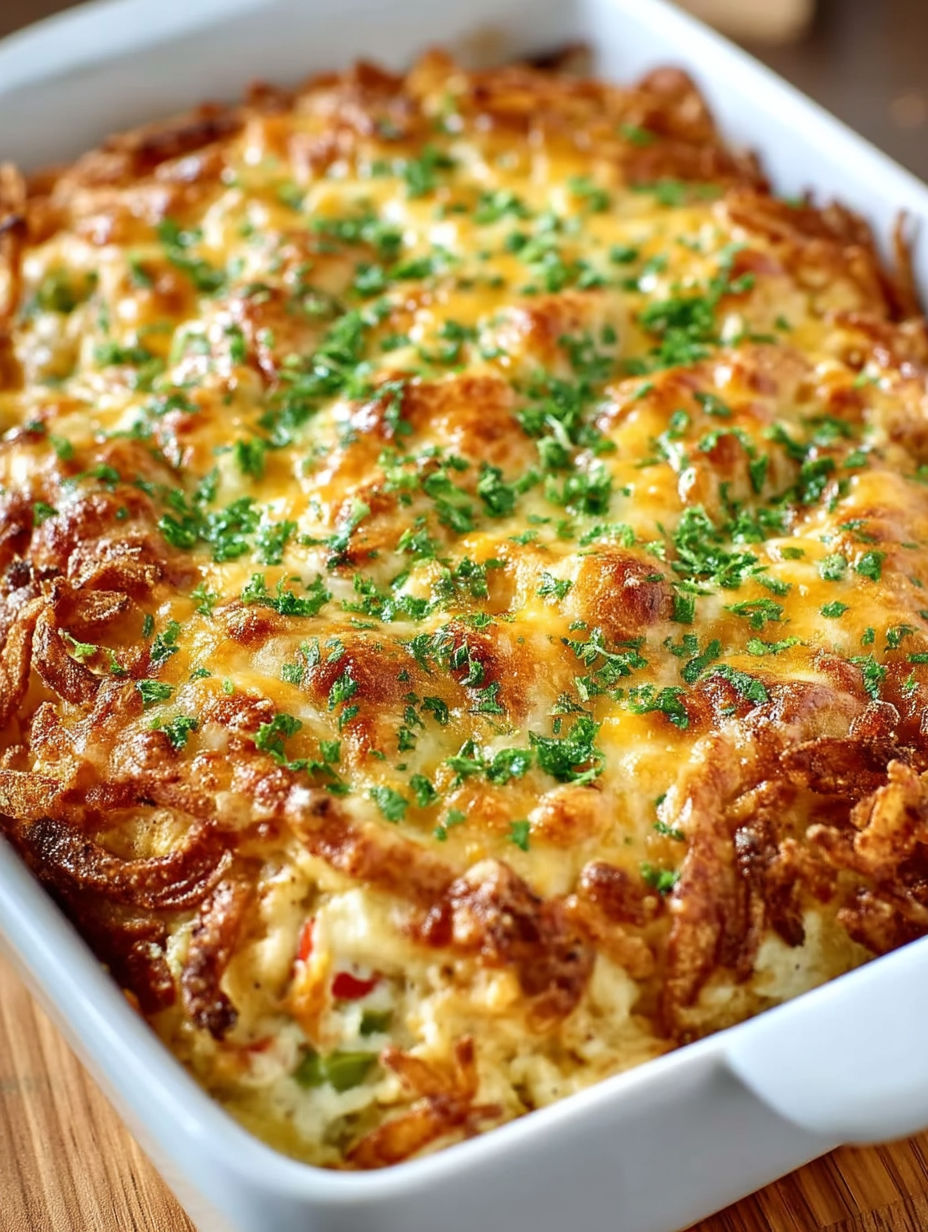 A casserole with green beans and potatoes.