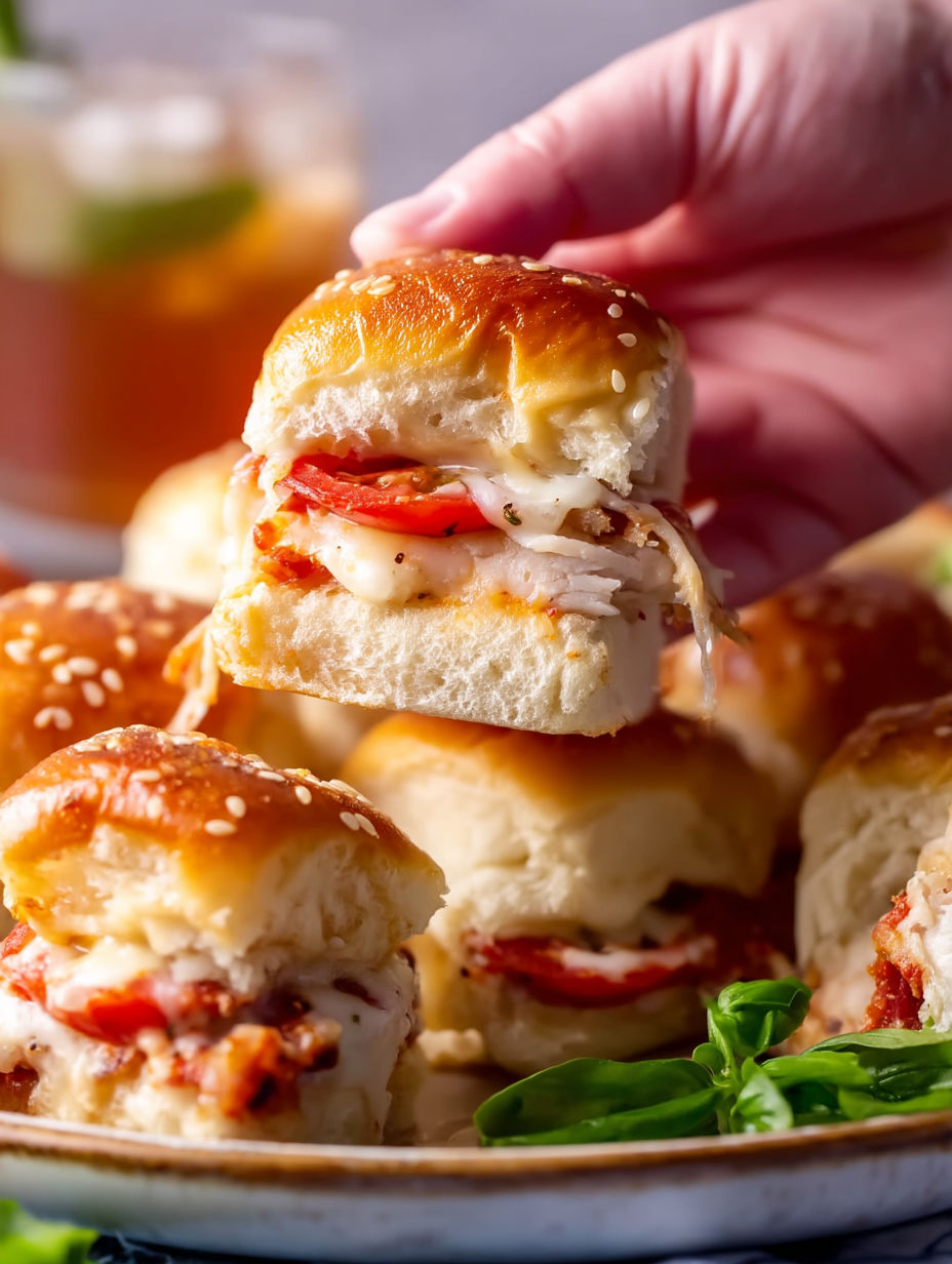 A person holding a piece of a Kentucky Hot Brown slider.