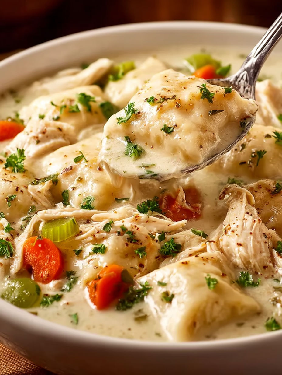 A bowl of Cracker Barrel Chicken and Dumpling Soup.