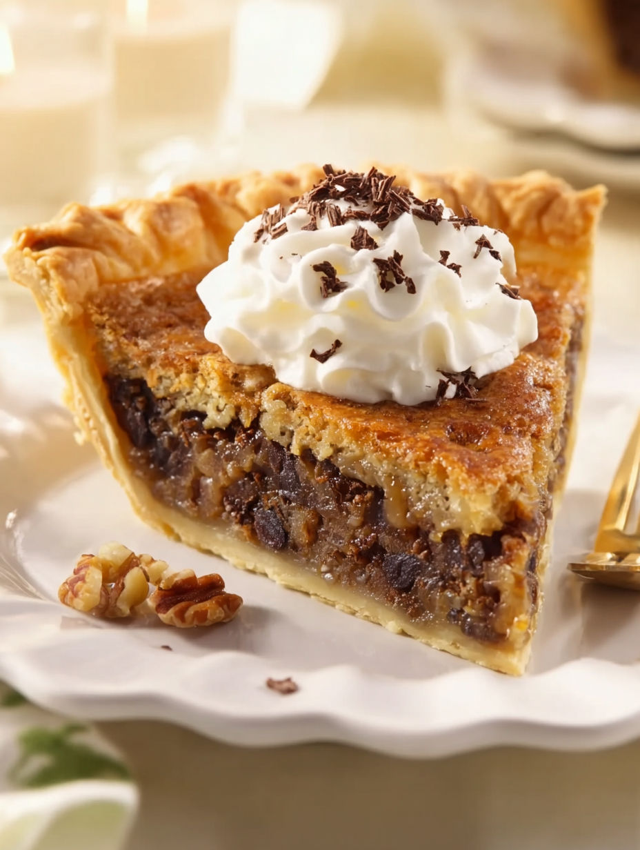 A slice of Kentucky Derby pie with whipped cream.