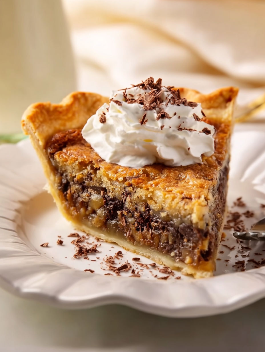 A slice of Kentucky Derby pie with whipped cream on top.