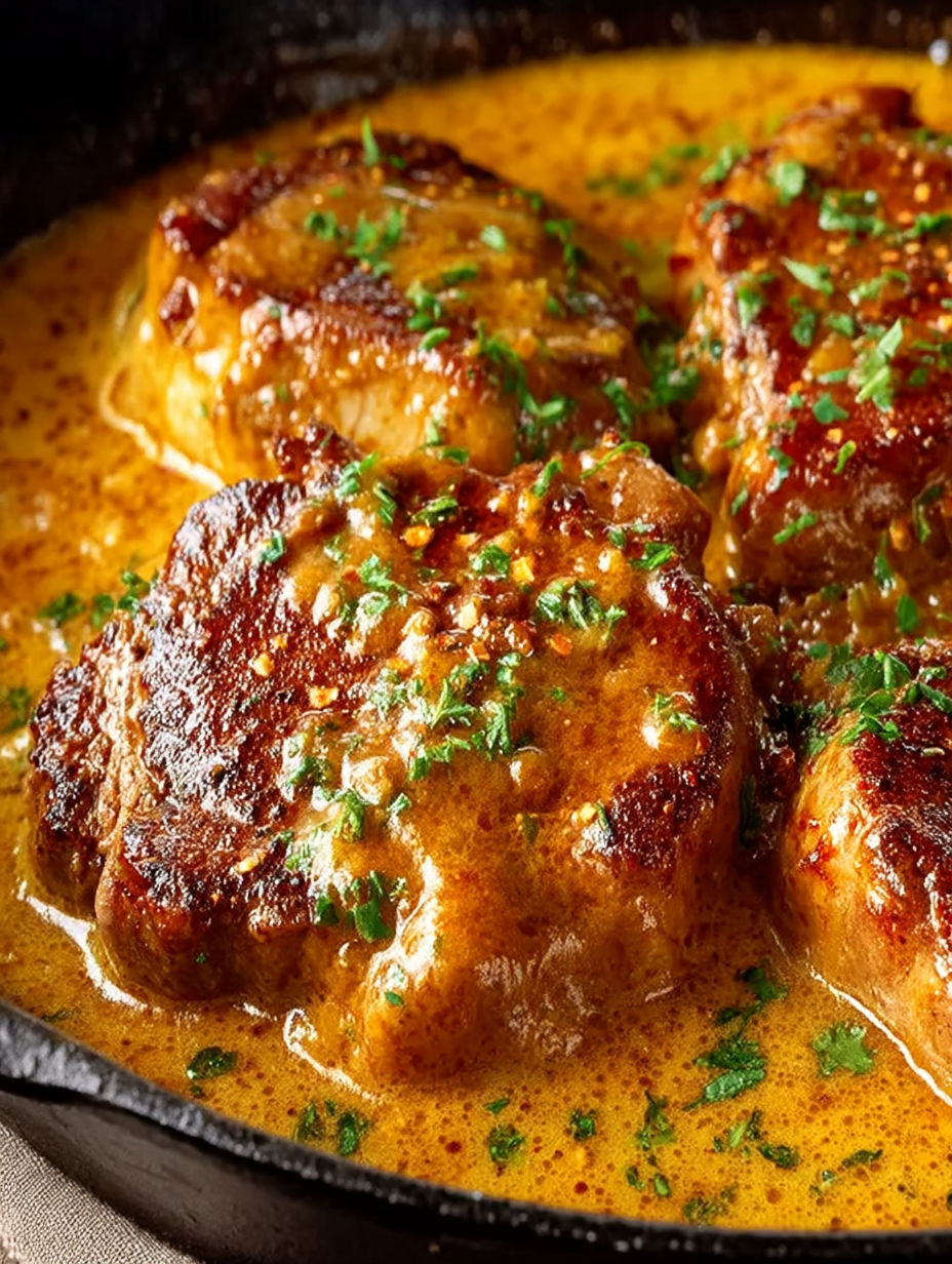 A plate of smothered pork chops.