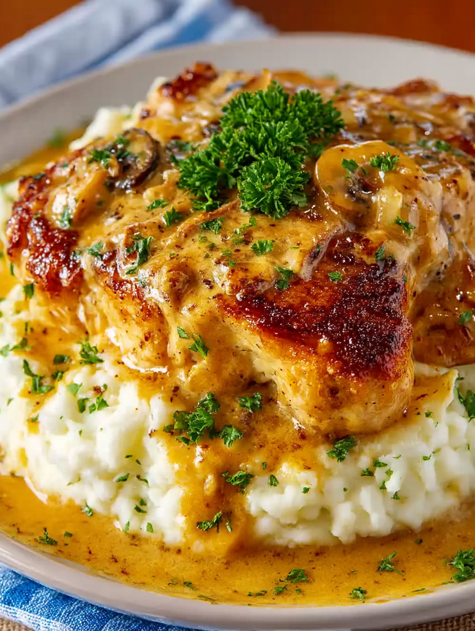 A plate of smothered pork chops with mushrooms and herbs.