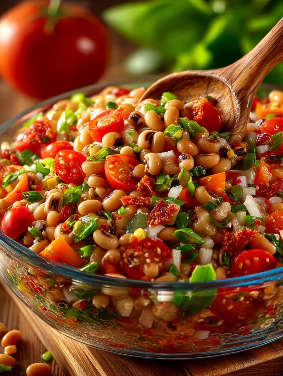 A bowl of black eyed pea salad.