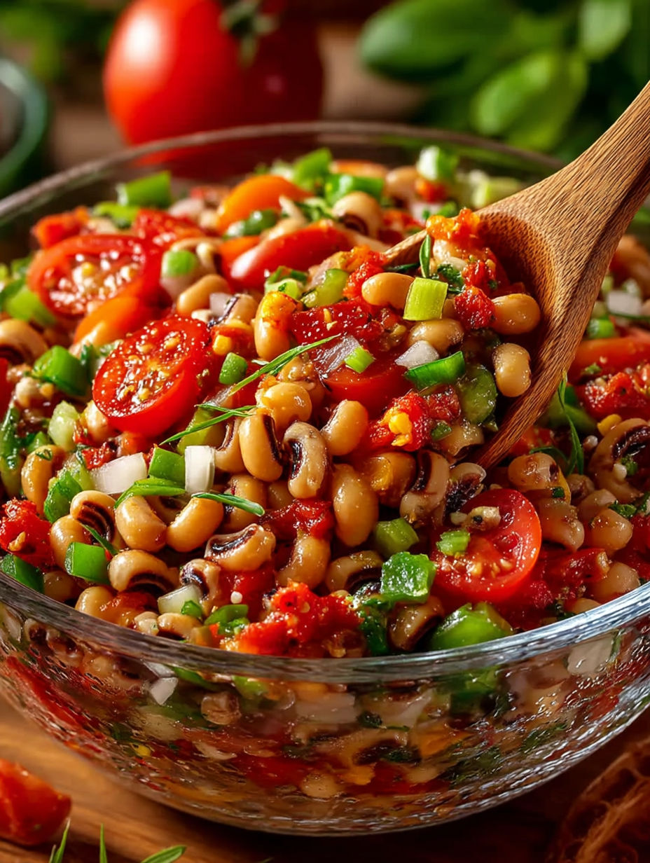 A bowl of black eyed pea salad.