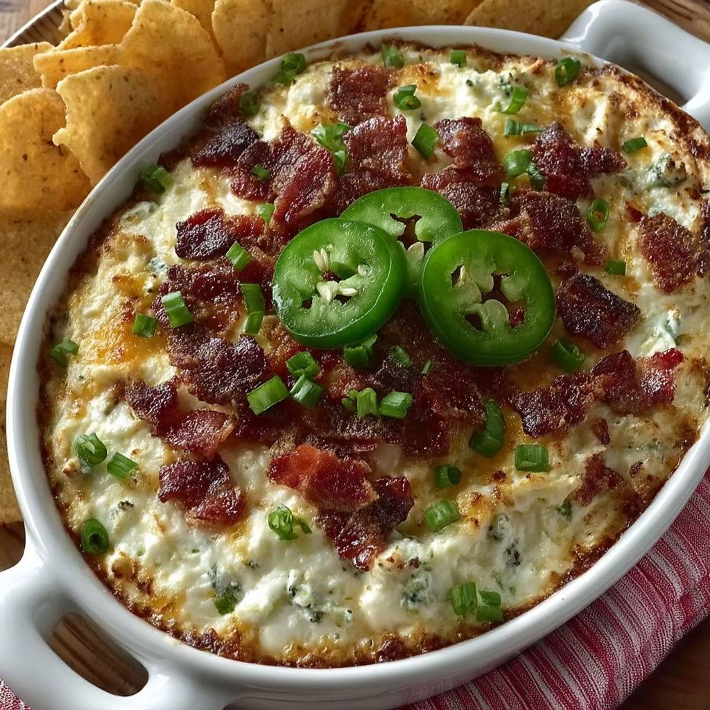A creamy pizza dip with bacon and jalapenos.