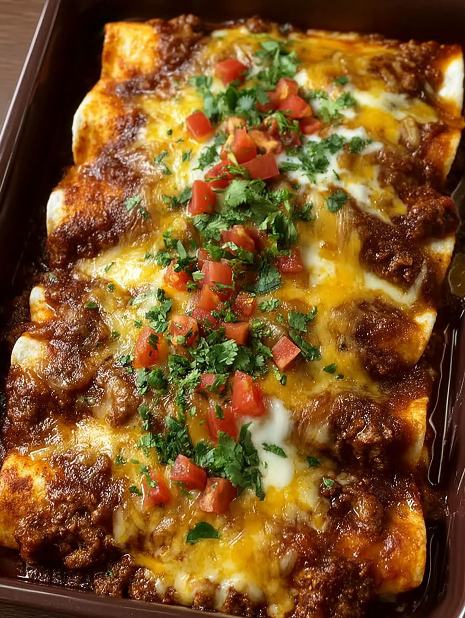 A dish of ground beef potato enchiladas.