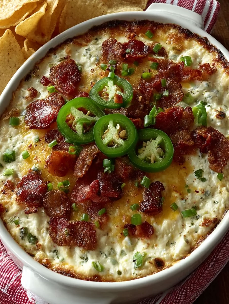 A creamy pizza dip with bacon and jalapenos.