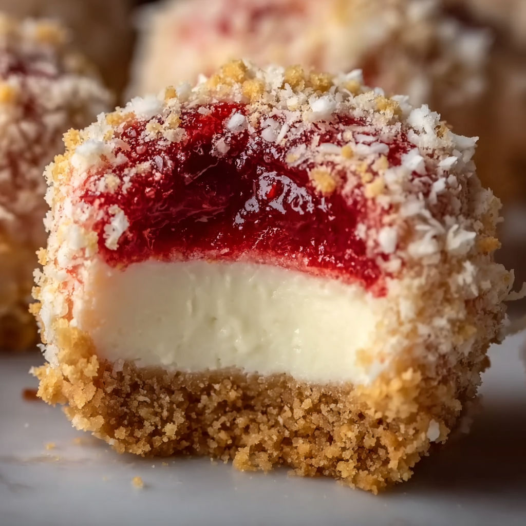 A close up of a strawberry crunch cheesecake bite.
