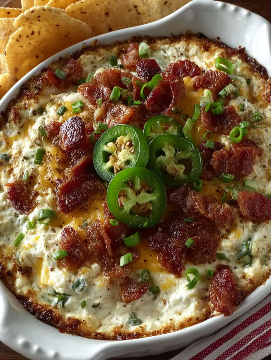 A creamy pizza dip with bacon and jalapenos.