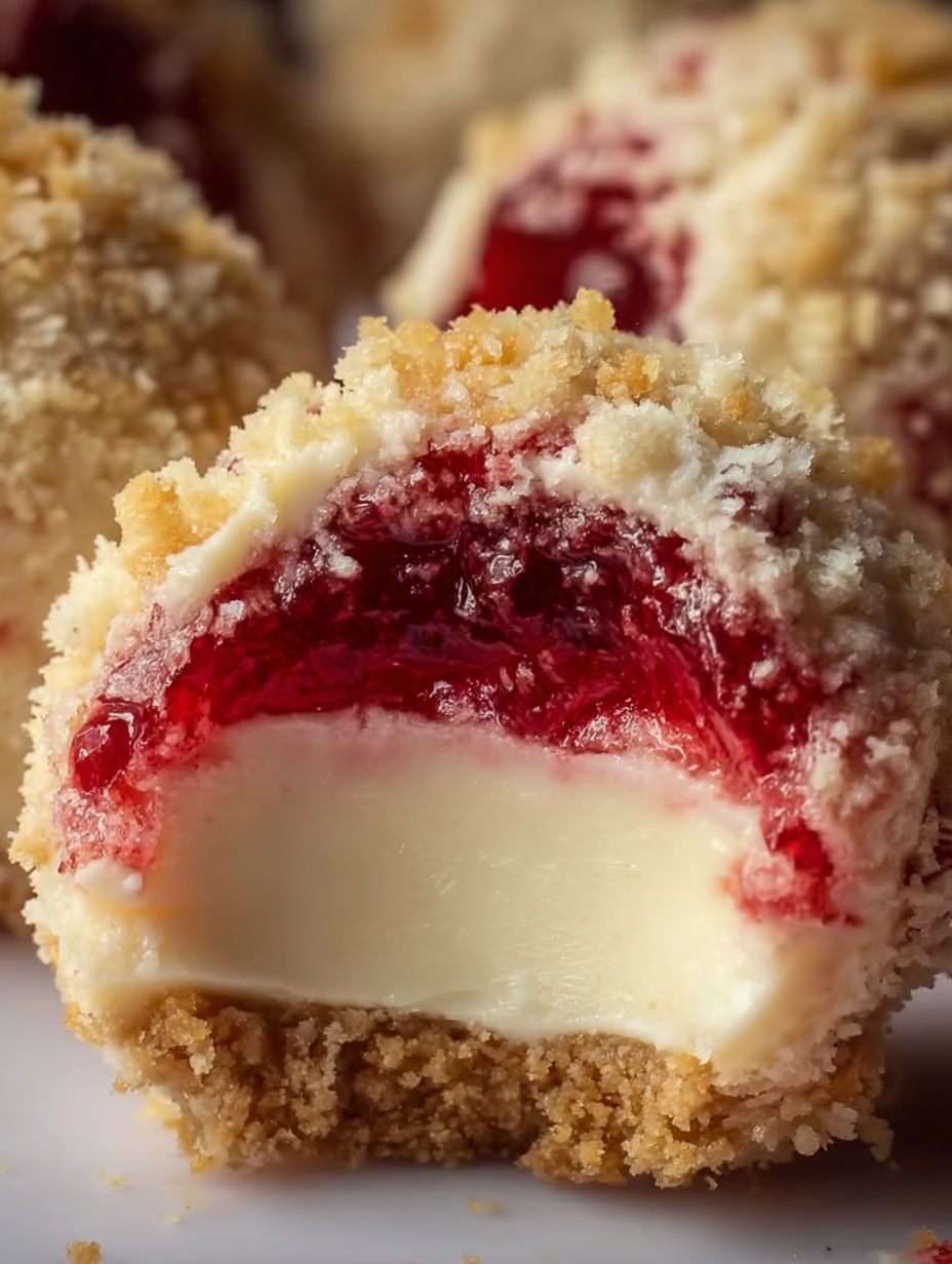A close up of a strawberry crunch cheesecake bite.
