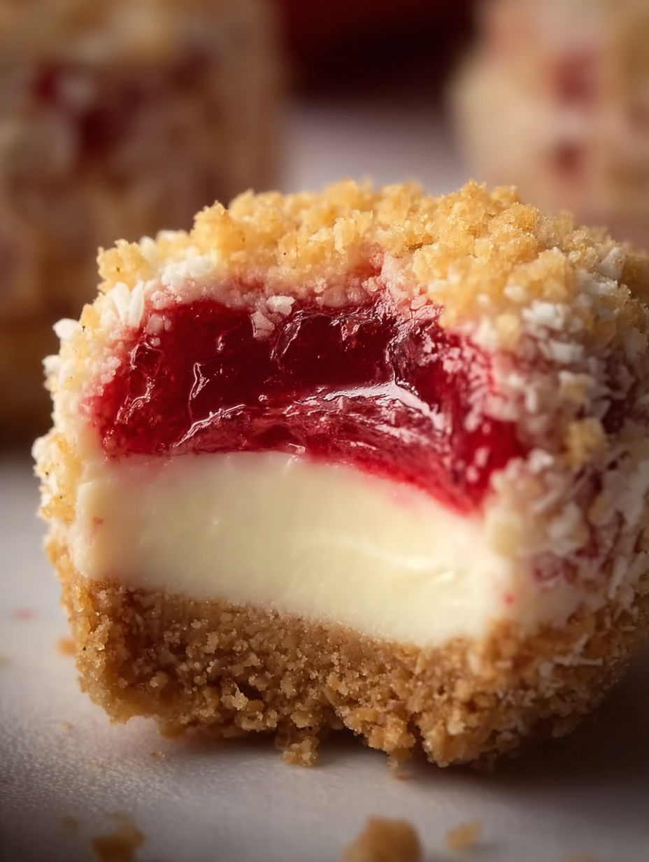 A piece of strawberry crunch cheesecake.