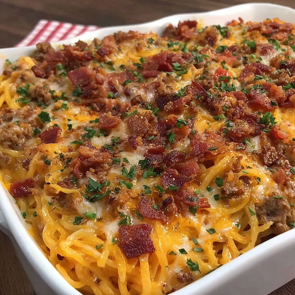 A dish of Cowboy Spaghetti Creamy Cheesy Twist.