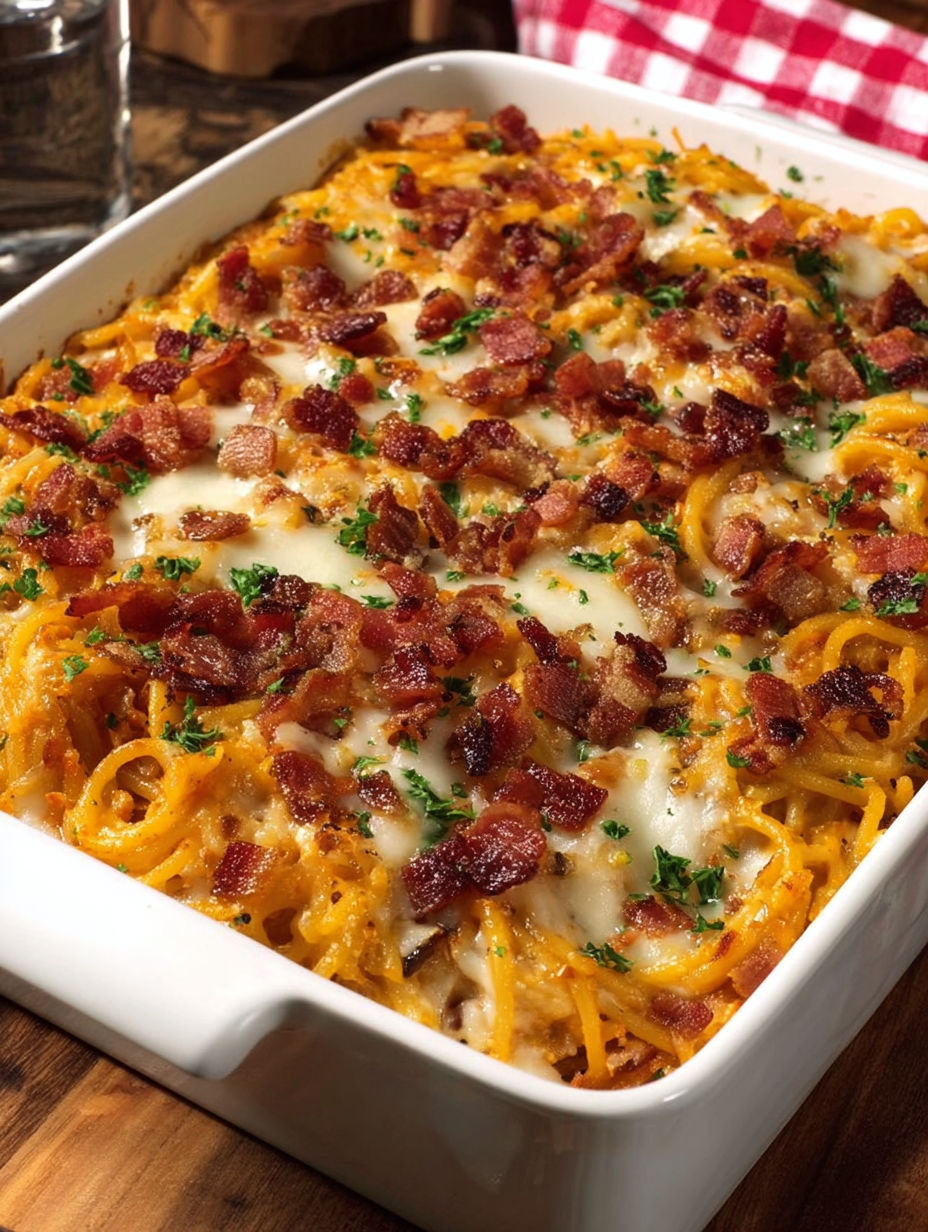 A dish of Cowboy Spaghetti Creamy Cheesy Twist.