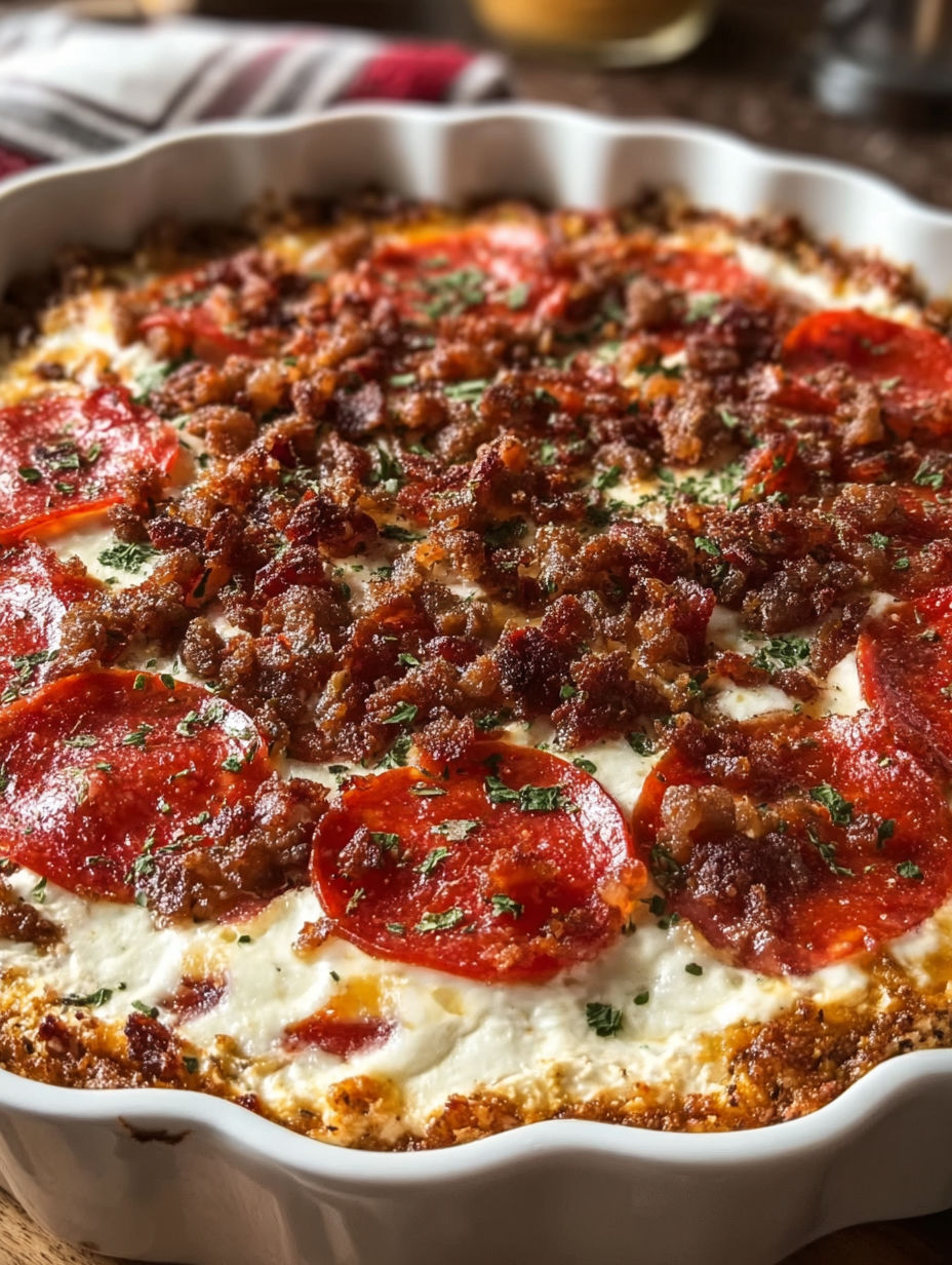 A creamy pizza dip with tomatoes and bacon.