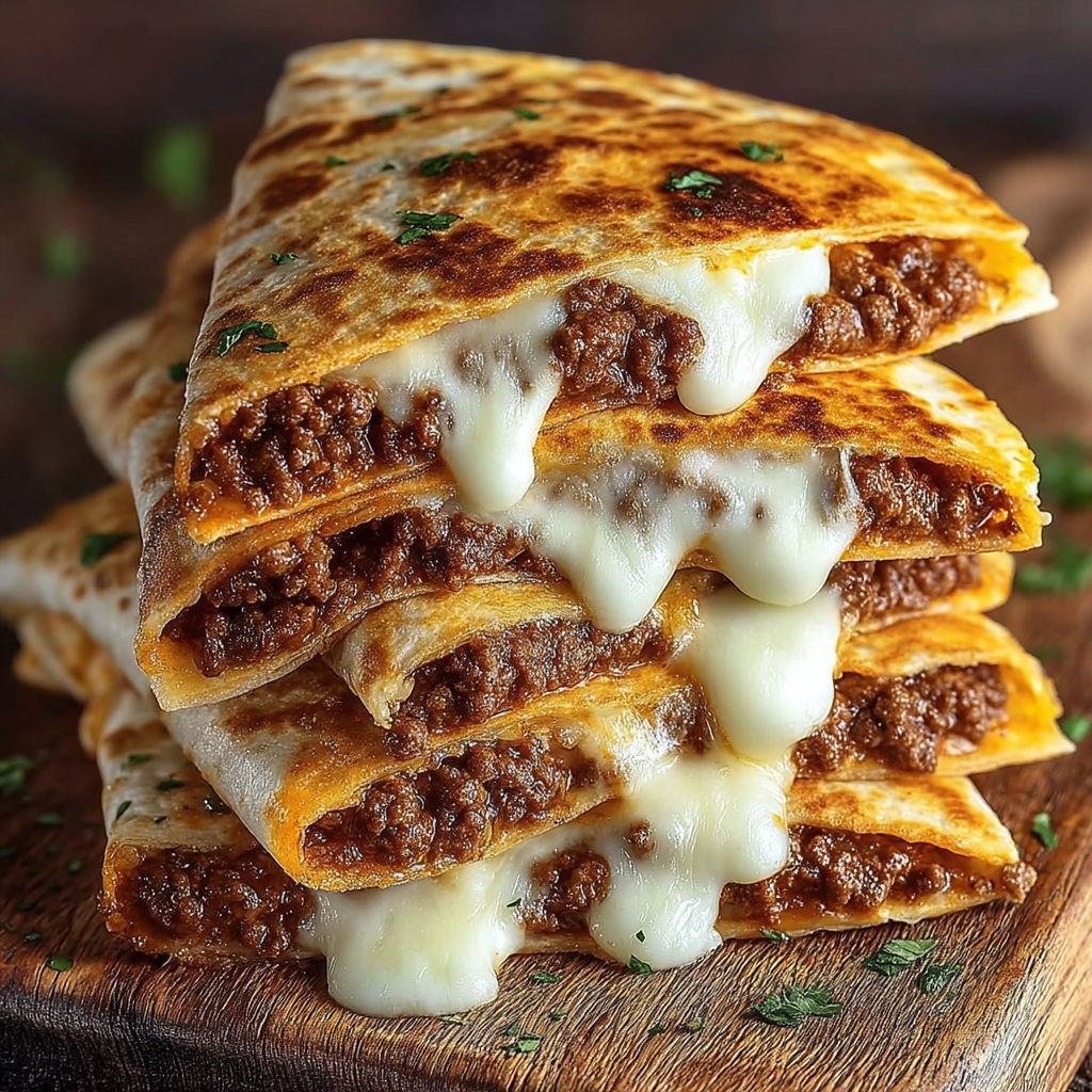 A stack of quesadillas with cheese and meat.