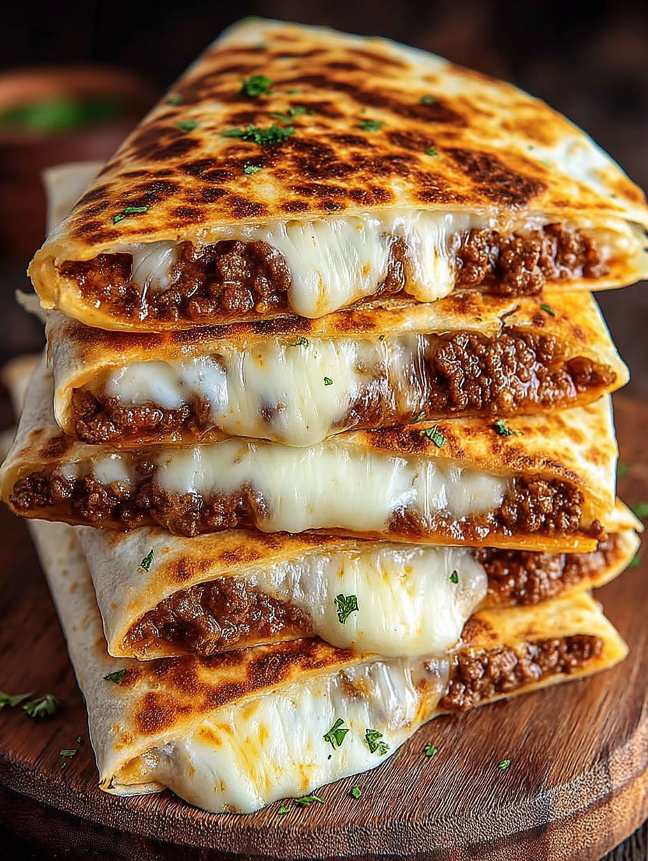 A stack of quesadillas with meat and cheese.