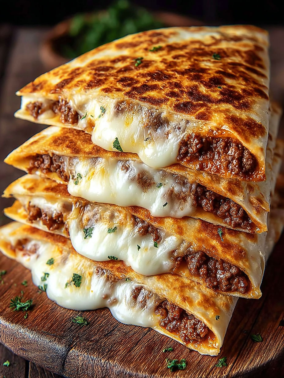 A stack of quesadillas with meat and cheese.